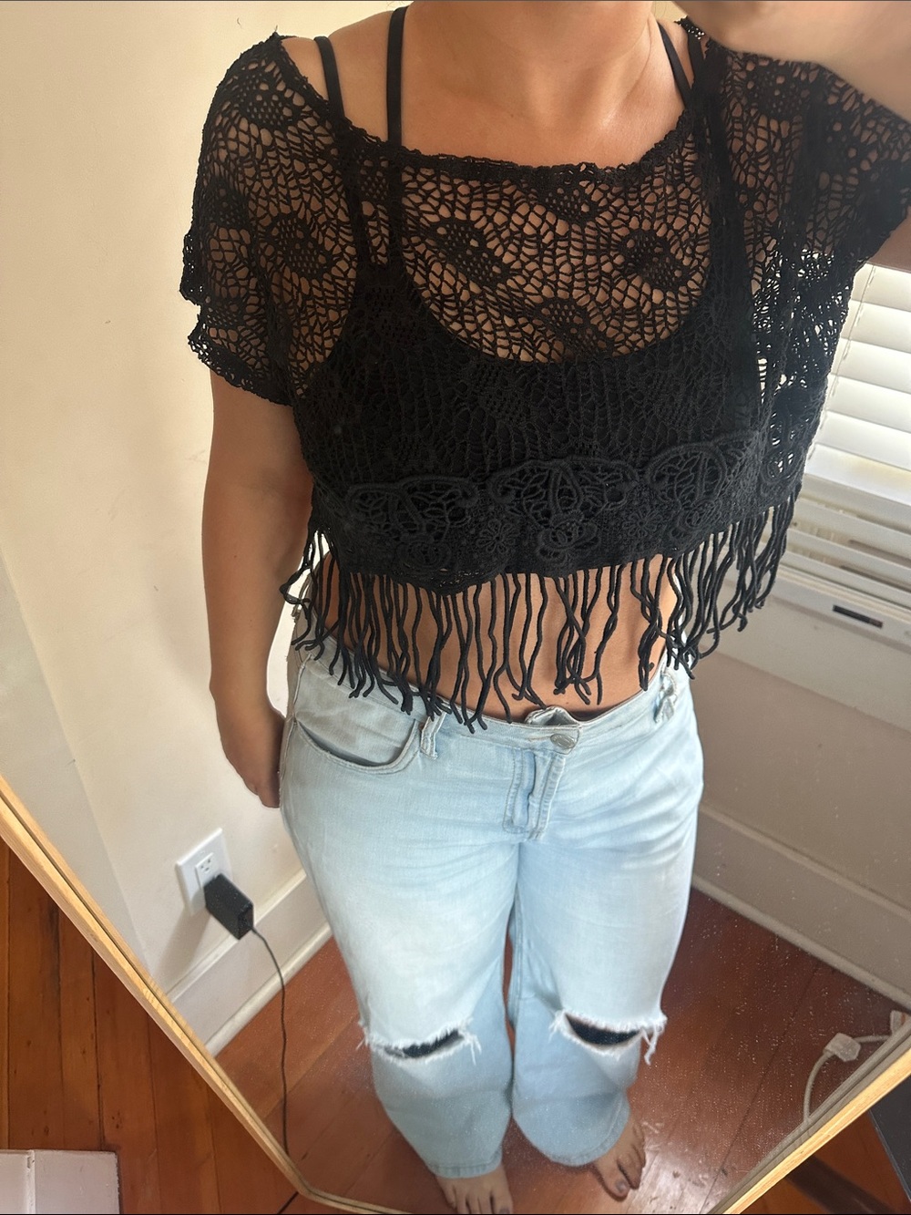 Poetry Black Crochet Sheer Lace Fringe Crop Top  Knit Bohemian Tassel Festival